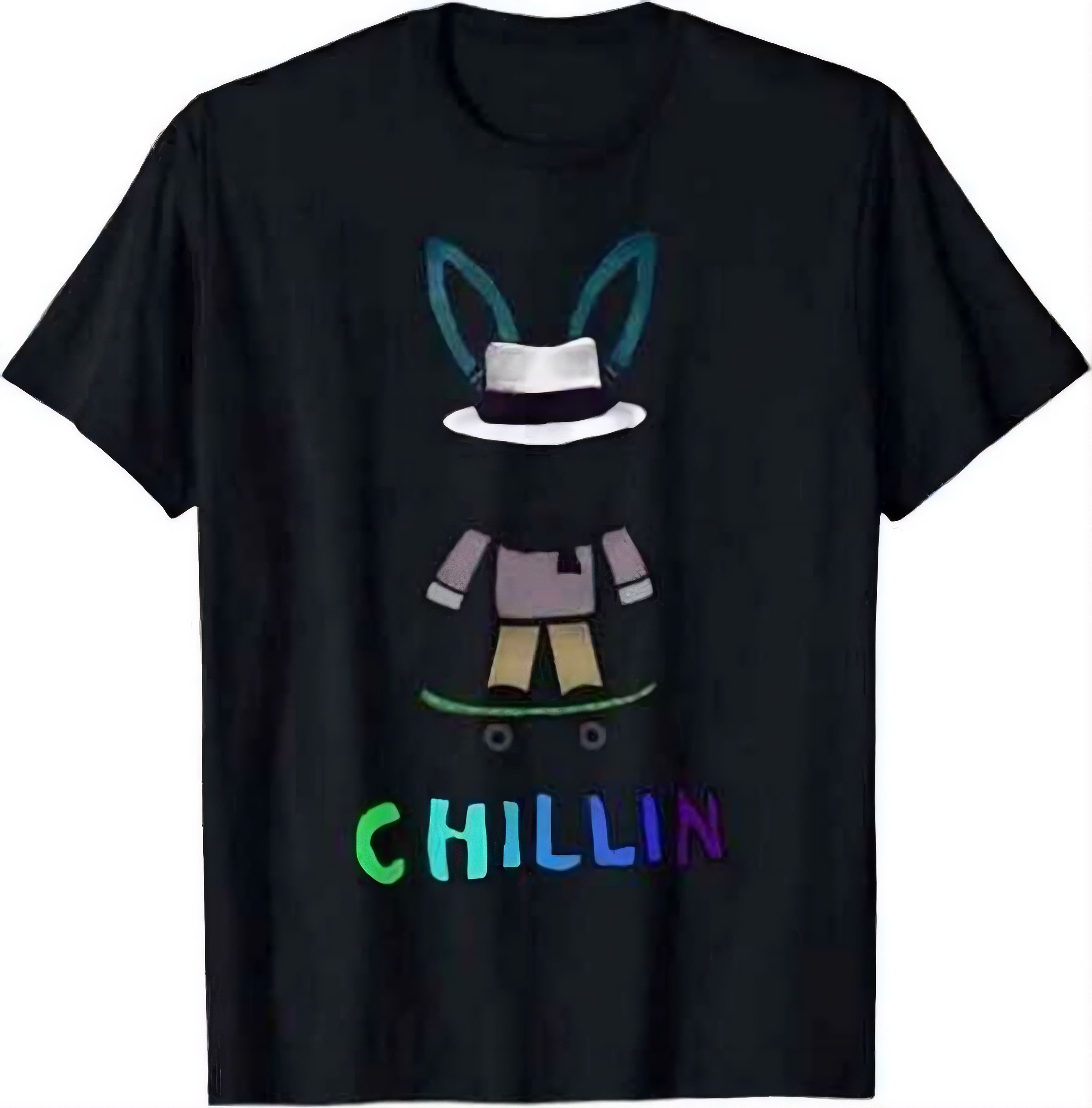 Black Roblox-inspired t-shirt with a bunny-eared avatar hat, skateboard graphic, and colorful Chillin text