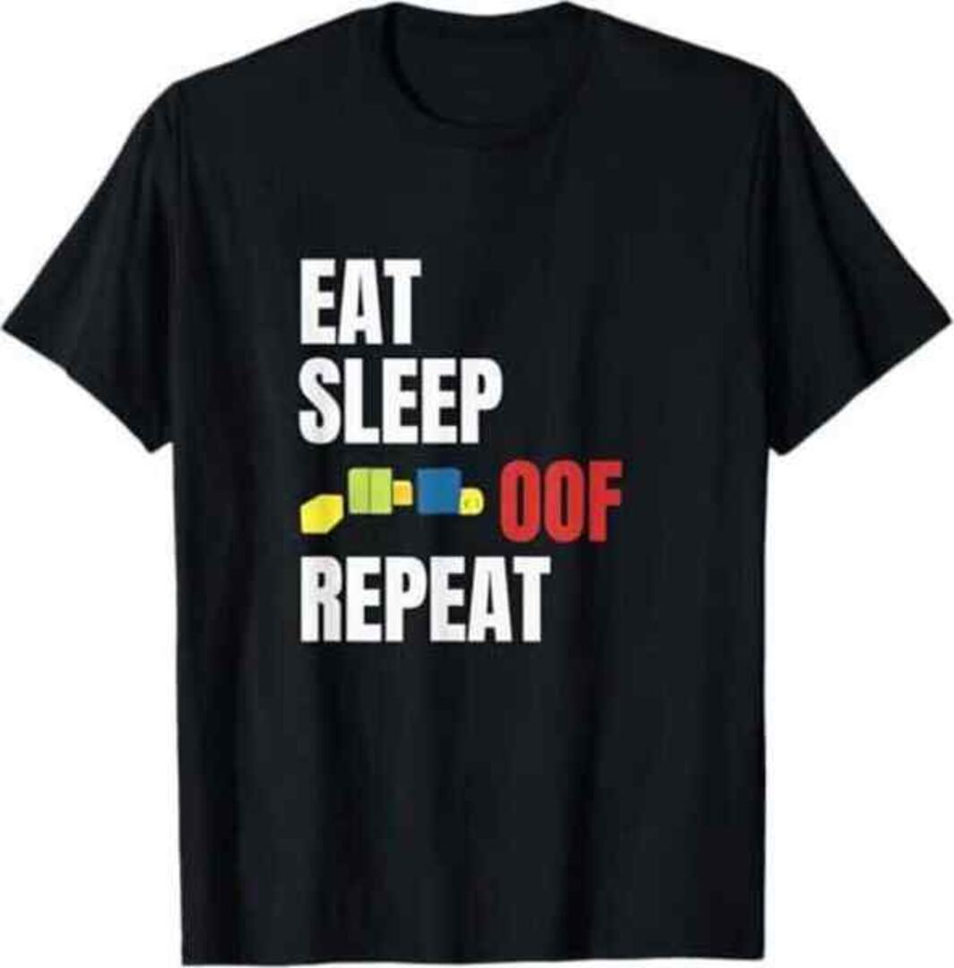Black t-shirt with Eat Sleep OOF Repeat text and Roblox-style block graphics