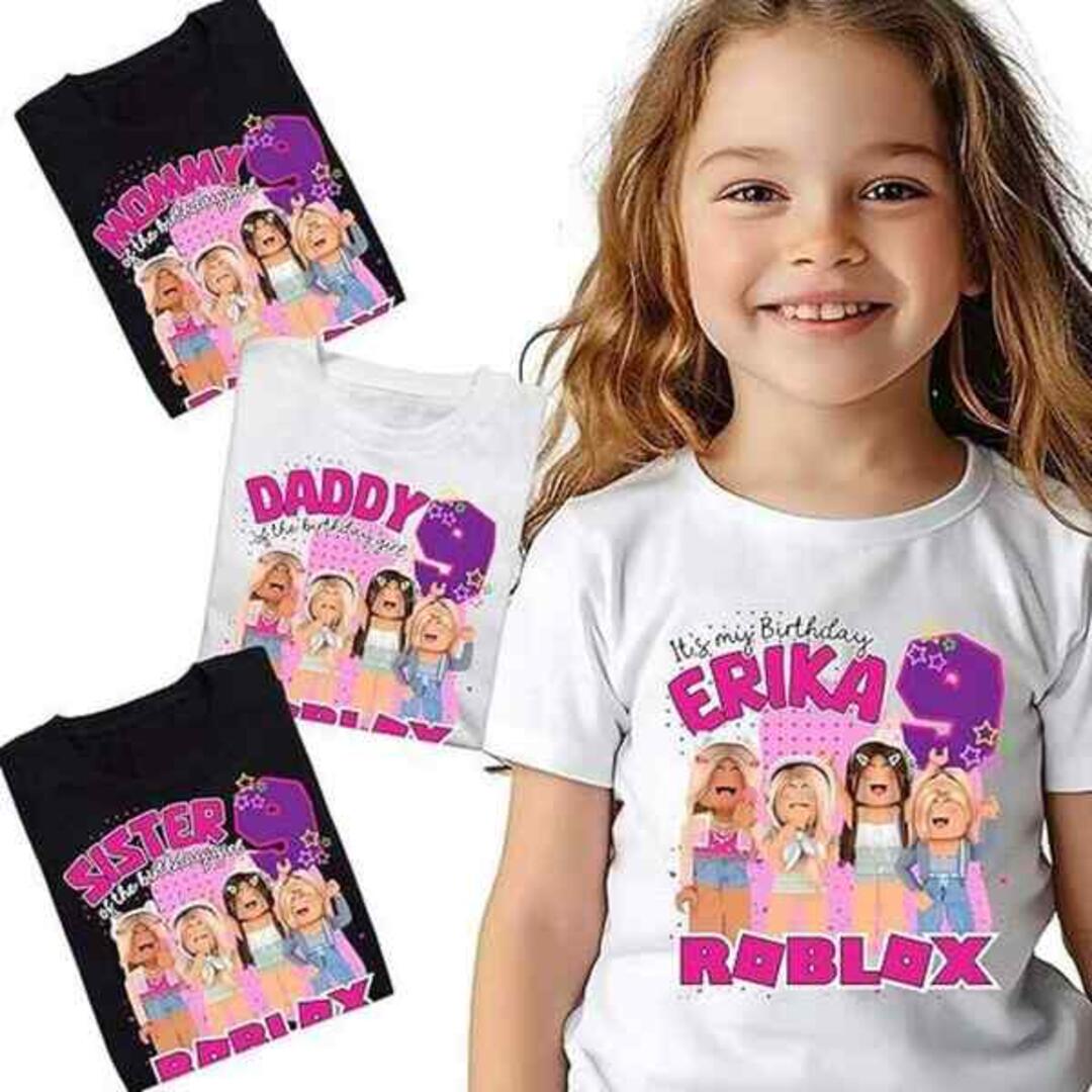 Set of matching family Roblox birthday t-shirts labeled Mommy, Daddy, Sister, and the birthday girl Erika