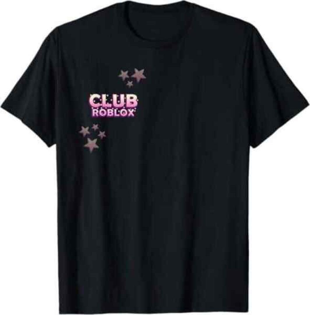 Black t-shirt with a small Club Roblox logo and star graphics on the chest