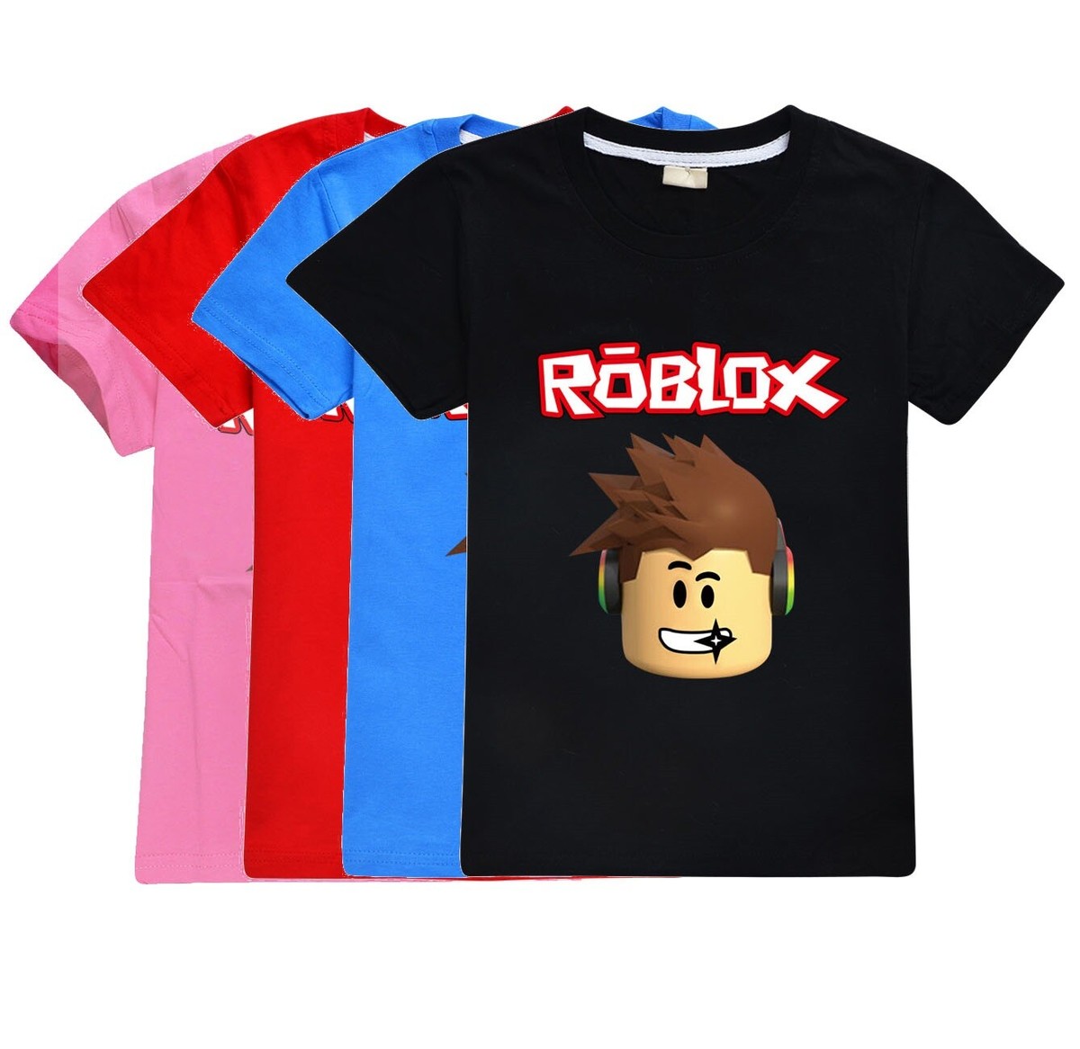 Roblox t-shirts in black, blue, red, and pink featuring the Roblox avatar head with headphones